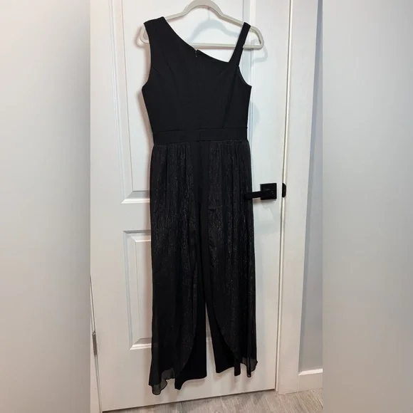 Alexa B Nites Black 1 Shoulder Jumpsuit Sz6 Beaded Strap Sheer Metallic Overlay - Picture 6 of 12